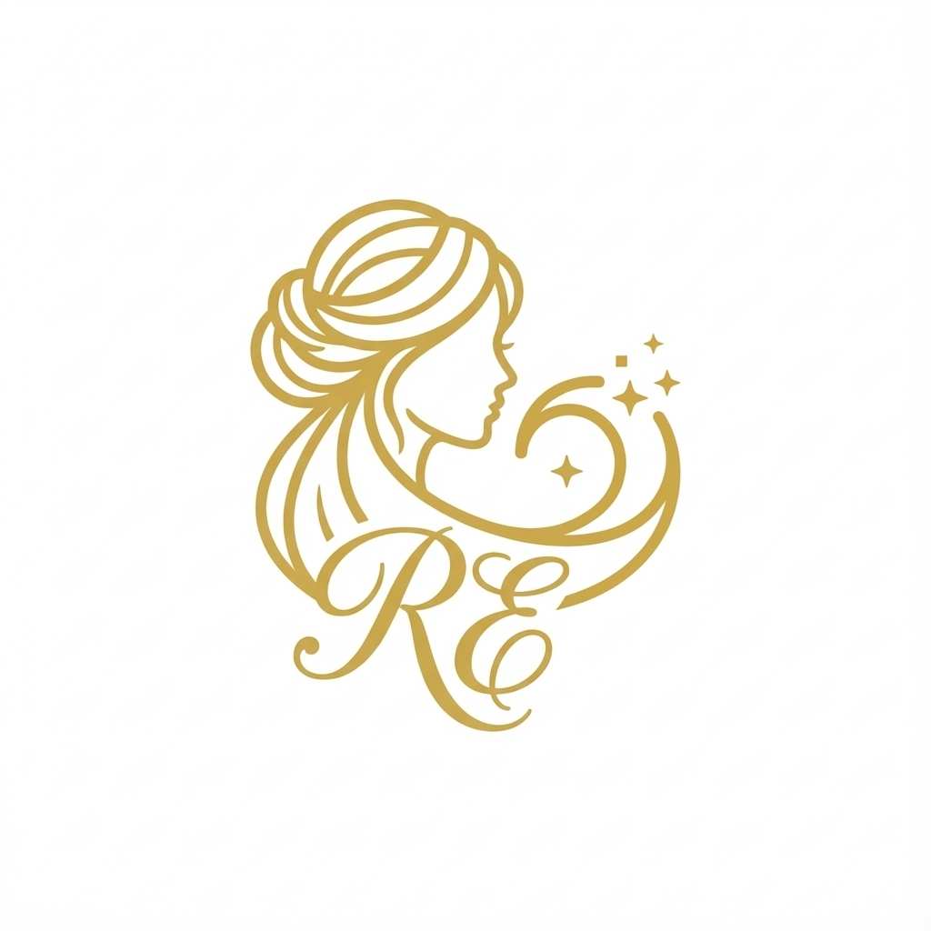 Goldenes Line-Art Logo von Regina Engler mit einem Frauenprofil, wehendem Haar, Sternen und den Initialen RE.